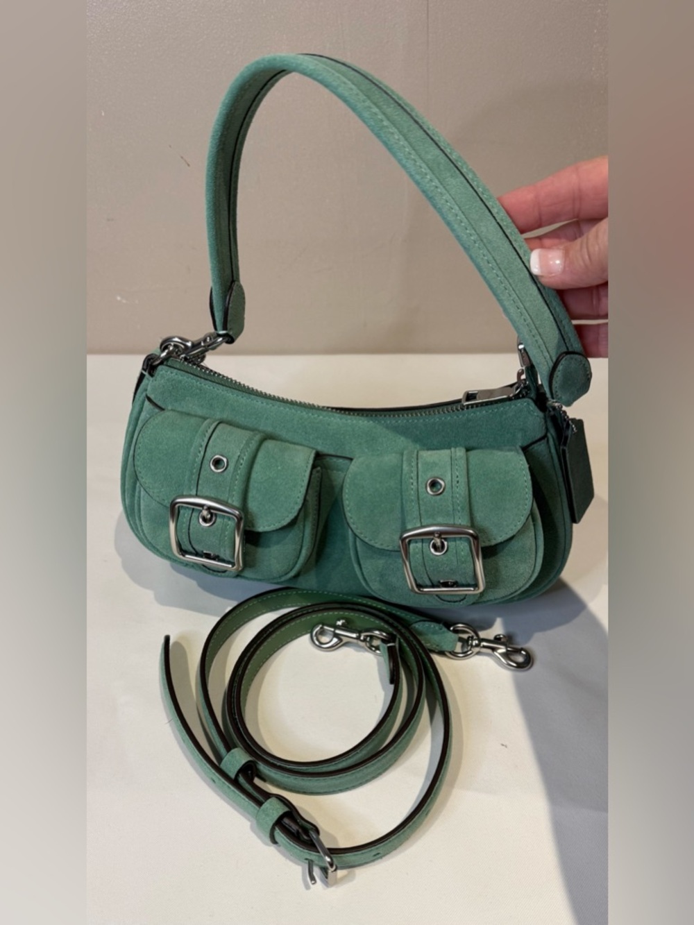 Coach Ashton Teal Suede Shoulder Bag Buckle Pockets 2 Straps